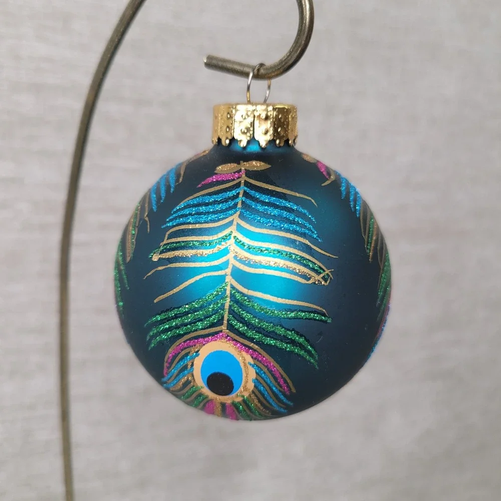 4pc Peacock Feather Glass Christmas Ornaments Teal Blue Green Glitter Set